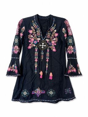 Black Embroidered Boho Tunic with Pink & Teal Floral Details